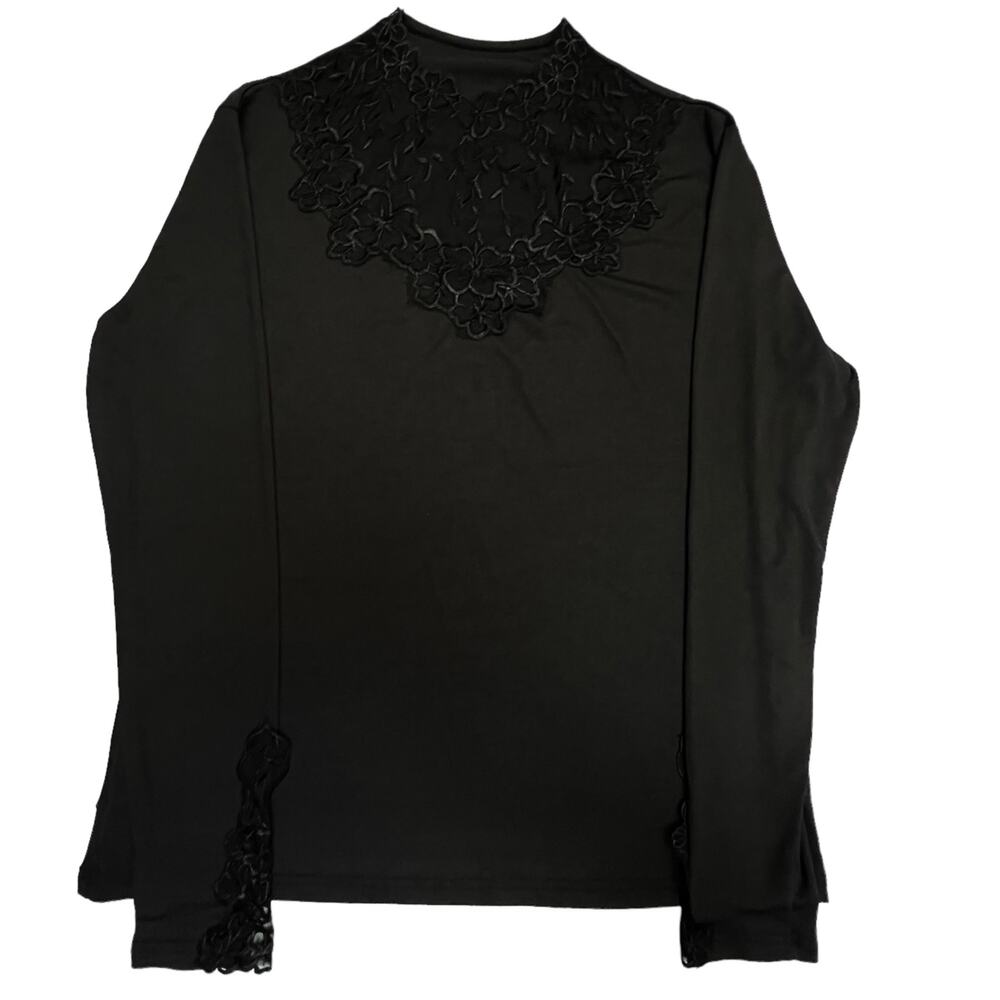 Woman’s Black Long Sleeve Top‎ with Floral Lace Accents – Elegant & Stylish
